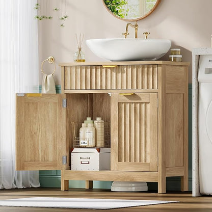 Pedestal Sink Storage Cabinet with 2 Doors and Drawer, Bathroom Sink Cabinet with U-Shape Cut-Out, Fluted Pedestal Sink Cabinet, Natural Oak