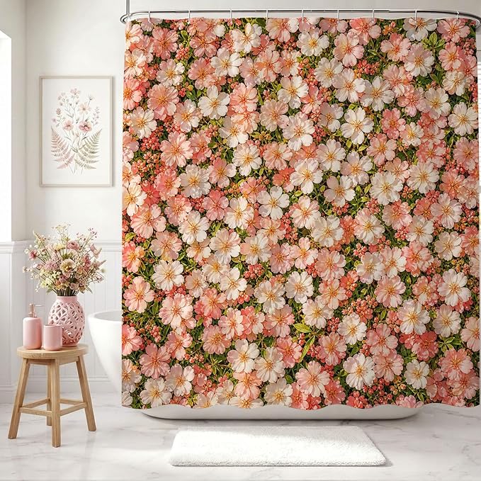 Floral Shower Curtain Pink Farmhouse Flowers Shower Curtain 72 X 72 Inch | with Waterproof Washable Bath Curtain for Boho Floral Bathroom Decor