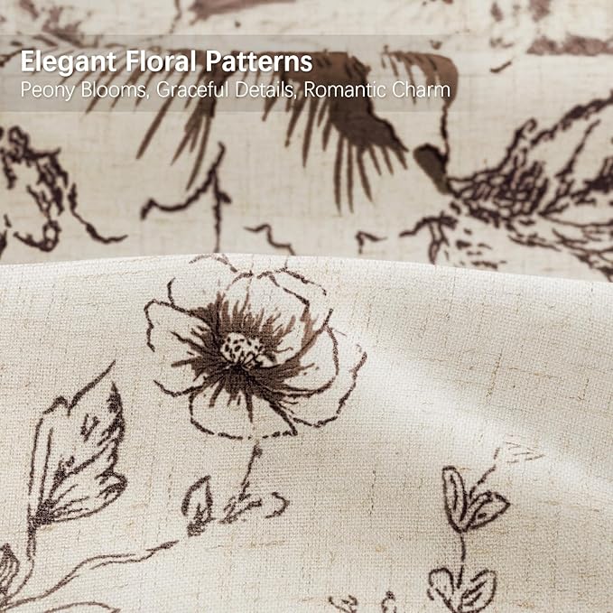 Farmhouse Floral Linen Shower Curtain, Vintage Brown Pattern Rustic Shower Curtains for Bathroom, Tan Taupe,72x78