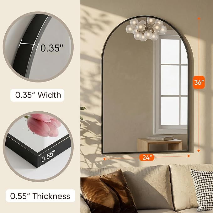 Antok Arched Bathroom Mirror, 24"x36" Wall Mounted Mirror, Vanity Mirrors for Over Sink, Aluminum Alloy Frame Bathroom Mirrors Living Room, Bedroom and Entryway, Black