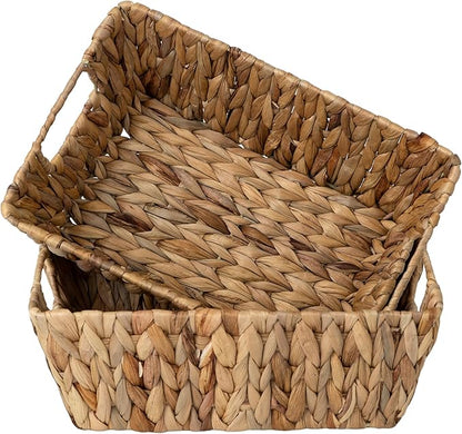 Wicker Storage Baskets with Liners, Water Hyacinth Storage Baskets with Built-in Handles Handwoven Shelf Baskets Storage Boxes Organizers for Clothes/Dresser/Bathroom/Shelves/Towels, 2 Pack
