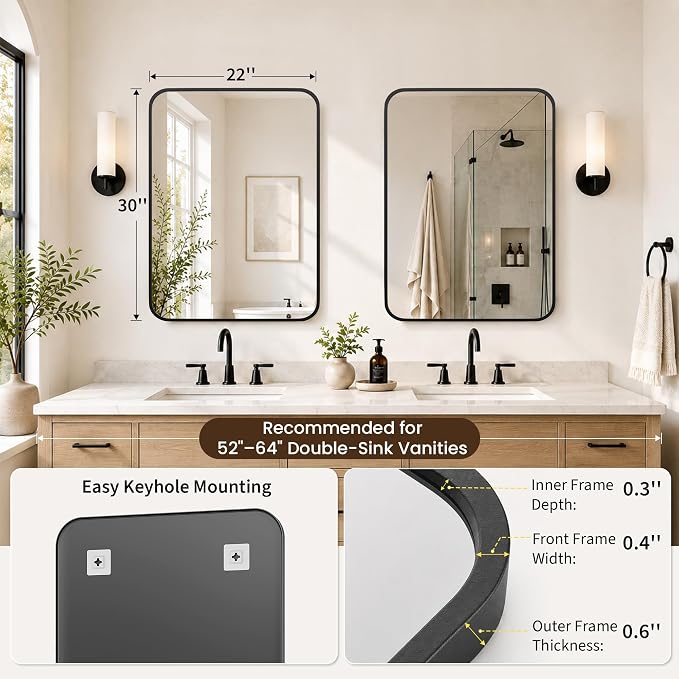 2-Pack 22x30 Inch Matte Black Rounded Rectangle Vanity Mirrors | Double Vanity or Two Bathrooms, Pair or Separate Use, Iron Frame, Layered Shadow Box Look, Two-Way Mount