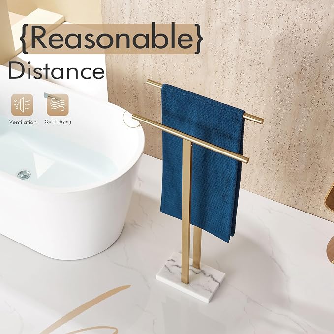 KOKOSIRI Standing Towel Rack for Bathroom Floor 2-Tier Towel Holder Free Stand with Heavy Marble Base Thicken Steady Champagne Bronze Stainless Steel THS0005-CPG