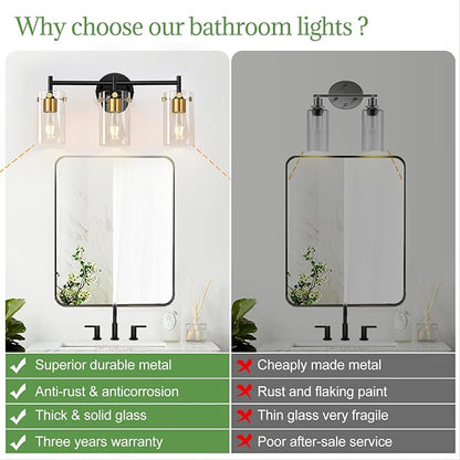 Indoi Bathroom Light Fixtures, 3-Light Black and Gold Vanity Light, Black Bathroom Lights Over Mirror with Clear Glass Shade for Mirror Bedroom Living Room