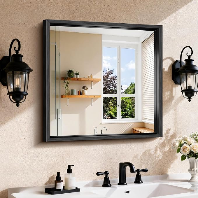 CIRCUMI 24"x24" Brushed Black Bathroom Mirror, Square Mirror for Vanity | Chunky Box Metal Frame, Shatterproof, Tempered Glass, Bathroom Remodel&New Home,Wall Mirror for Over Sink,Living Room,Hallway