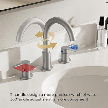 QFN Bathroom Faucets 3 Hole Brushed Nickel, 8 Inch Widespread Vanity Sink Faucet with Aerator, 2 Handle 360° Swivel High Arc Spout, Spot-Free Finish, cUPC NSF Certified and CEC & DOE Compliant