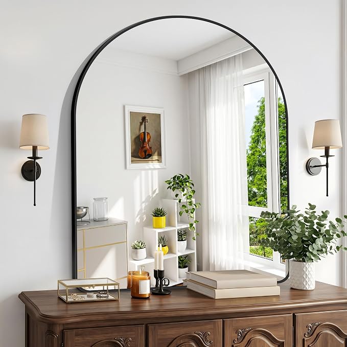 BONEWEI Arched Wall Mirror,40x48 inch Black Arched Mirror Bathroom,Large Vanity Mirror for Over Sink Metal Frame,Tempered Glass Arch Mirrors for Bedroom,Entryway,Living Room,Home Decor Shatter-Proof