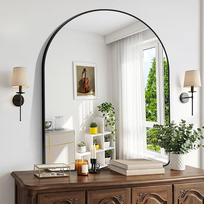 BONEWEI Arched Wall Mirror,40x48 inch Black Arched Mirror Bathroom,Large Vanity Mirror for Over Sink Metal Frame,Tempered Glass Arch Mirrors for Bedroom,Entryway,Living Room,Home Decor Shatter-Proof