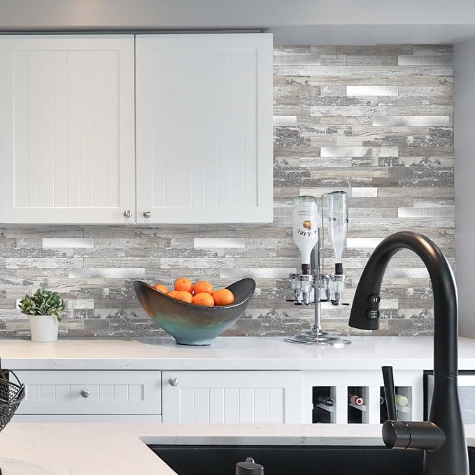 Yipscazo 2026 New Upgrade Peel and Stick Wood Metal Tile Backsplash, Stick on Tiles for Backsplash Kitchen, Bathroom, Laundry Room, Camper, Fireplace (20 Sheets, Rustic)