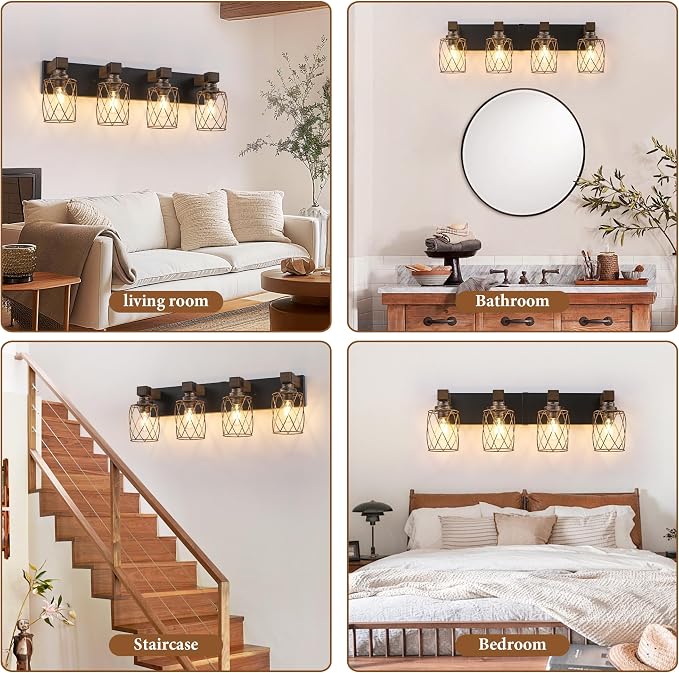 4-Light Black Gold Farmhouse Vanity Light, Wood & Metal Cage Shade | Mounted Over Mirror, Industrial Rustic Style, Ideal for Bathroom, Bedroom, Hallway & Living Room, Easy To Install