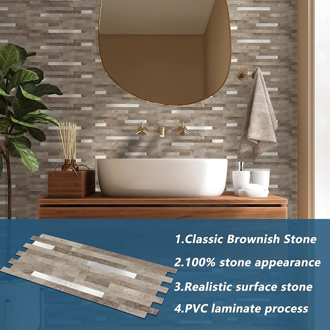 Yipscazo 2 Sheets PVC Wall Tiles Stick on Tiles for Backsplash Kitchen, Bathroom, Laundry Room, Camper, Fireplace (6'' X 12'', Brownish Stone)