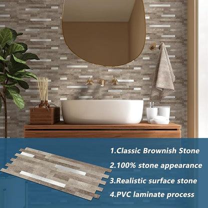 Yipscazo 2 Sheets PVC Wall Tiles Stick on Tiles for Backsplash Kitchen, Bathroom, Laundry Room, Camper, Fireplace (6'' X 12'', Brownish Stone)