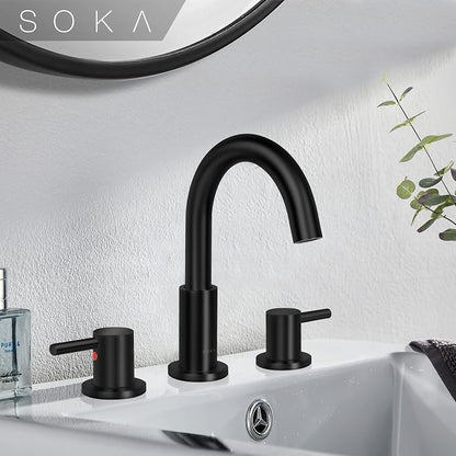 SOKA 8-16" Widespread Bathroom Faucet Matte Black Bathroom Sink Faucet 2 Handle Morden Bathroom Faucet for Sink 3 Hole Industrial Commercial Vanity Faucet with Pop Up Drain,Matte Black + G