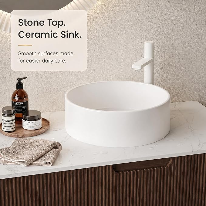 60 Inch Double Sink Bathroom Vanity, Floating Wall Mounted Cabinet, Dark Walnut Curved Fluted Front, Stone Top, Dual Pure White Round Vessel Basins, Pre-Assembled