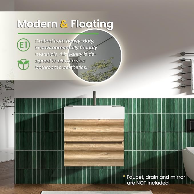24 Inch Floating Bathroom Vanity with Sink, Modern Floating Bathroom Cabinet with 2 Soft-Closing Drawers, Large Storage for Powder Room, Apartment, Hotel, Rough Oak Finish, Fir Collection