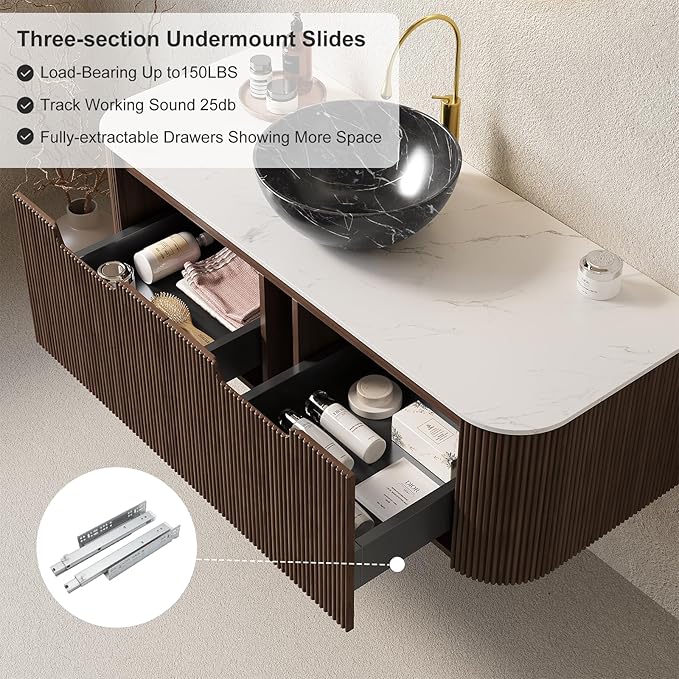 48" Floating Bathroom Vanity with Sink, Wall-Mount Cabinet with 2 Large Storage Drawer, Black Bowl Ceramic Basins and Marble Top, Soft-Close Design, Dark Walnut