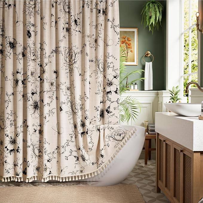 Vintage Black Floral Shower Curtain with 12 Clear Rings - 72" W x 72" L | Farmhouse Fabric Faux Linen Shower Curtain Set, French Country Cottagecore Style Shower Curtain for Bathroom
