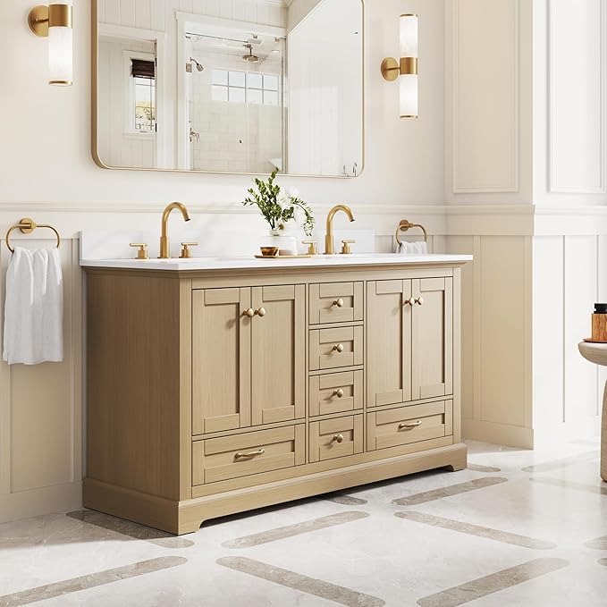 WELLFOR 60" Bathroom Vanity with Double Sinks, Bathroom Freestanding Vanity W/4 Soft-Close Doors and 6 Drawers, Large Storage Space Vanity, Bathroom Vanity with Cultured Marble Countertop (Oak)