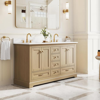 WELLFOR 60" Bathroom Vanity with Double Sinks, Bathroom Freestanding Vanity W/4 Soft-Close Doors and 6 Drawers, Large Storage Space Vanity, Bathroom Vanity with Cultured Marble Countertop (Oak)