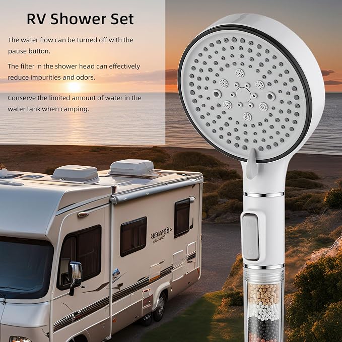 RV Shower Head with Hose, High Pressure 5 Setting Shower Head with Filter and On/Off, Water Saving Shower Head for RV/Camper, Travel Trailer, Motorhome,White，Save water (White)
