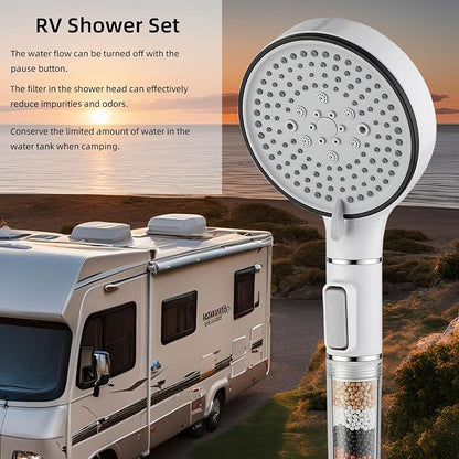 RV Shower Head with Hose, High Pressure 5 Setting Shower Head with Filter and On/Off, Water Saving Shower Head for RV/Camper, Travel Trailer, Motorhome,White，Save water (White)