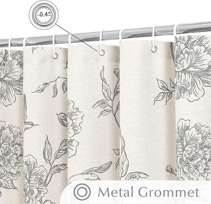 MitoVilla Extra Long Grey Cotton Shower Curtain for Bathroom,72 x 84 | Extra Long BoHo Cottagecore Hummingbird Spring Shower Curtains, Modern Farmhouse Country Floral Bathroom Décor, 72 x 84