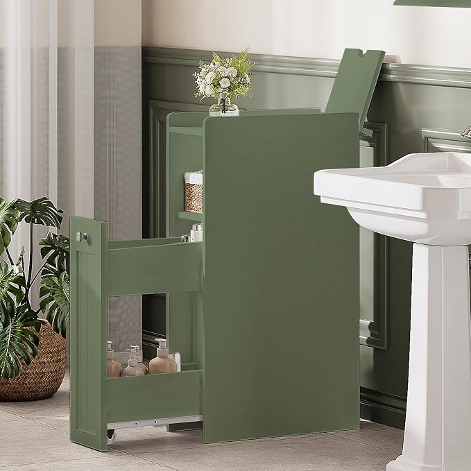 ChooChoo Slim Bathroom Storage Cabinet with Slide Out Drawers | Narrow Storage Organizer with Hidden Storage, Freestanding Toilet Paper Holder, Bathroom Cabinet for Small Places, Green