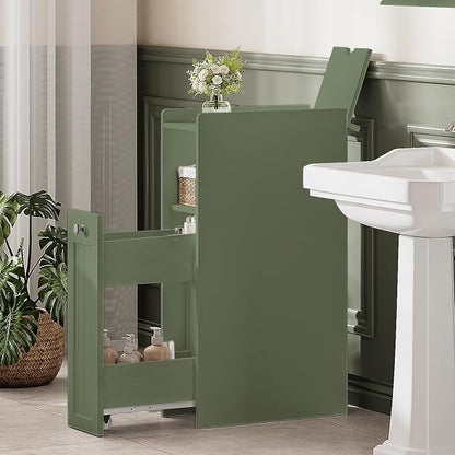 ChooChoo Slim Bathroom Storage Cabinet with Slide Out Drawers | Narrow Storage Organizer with Hidden Storage, Freestanding Toilet Paper Holder, Bathroom Cabinet for Small Places, Green