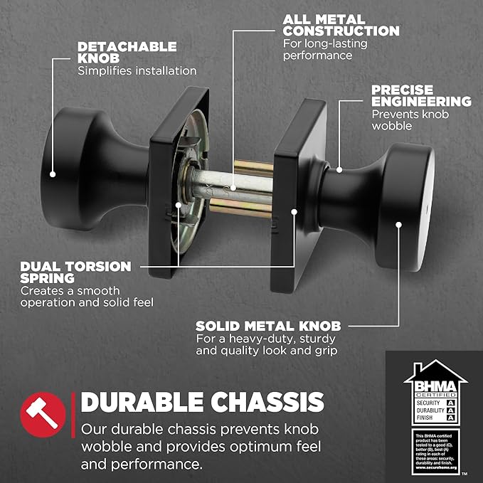 Kwikset Pismo Interior Privacy Door Knob with Lock, Door Handle for Bathroom and Bedroom, Matte Black Keyless Turn Lock Doorknob, with Microban Protection (Pack of 4)