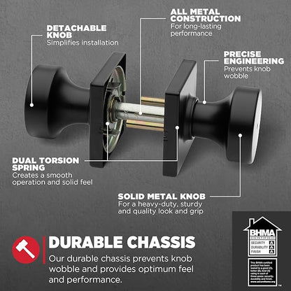 Kwikset Pismo Interior Privacy Door Knob with Lock, Door Handle for Bathroom and Bedroom, Matte Black Keyless Turn Lock Doorknob, with Microban Protection (Pack of 4)