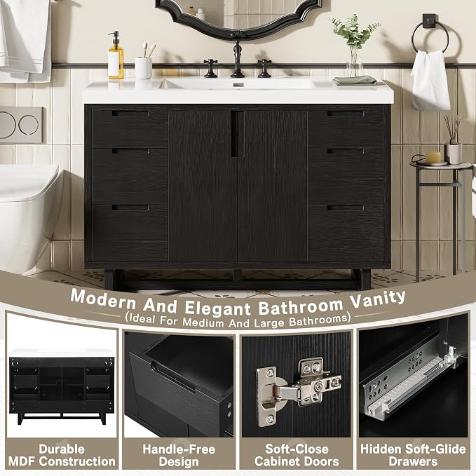 47.2" Bathroom Vanity with 6 Drawers & Resin Sink, Black | 47.2" bathroom vanity with 6 drawers, soft-close doors, SMC resin sink, adjustable shelf and modern design