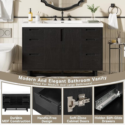 47.2" Bathroom Vanity with 6 Drawers & Resin Sink, Black | 47.2" bathroom vanity with 6 drawers, soft-close doors, SMC resin sink, adjustable shelf and modern design