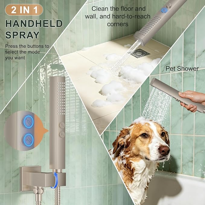 Rain Shower System with Rough-in Valve, Wall Mount Shower Faucet Set with 12" & 6" Dual Rain Shower Heads, 2-in-1 Handheld Shower, Tub Spout, 4-Function Complete Shower Fixture, Brushed Nickel