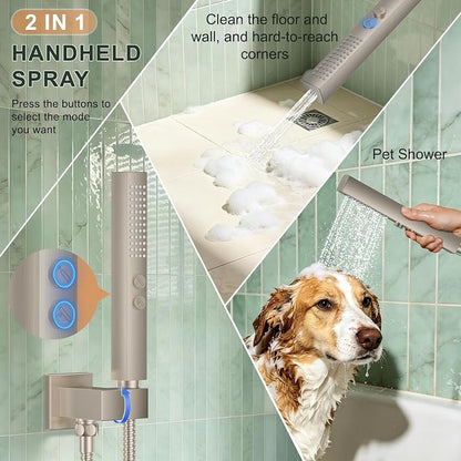 Rain Shower System with Rough-in Valve, Wall Mount Shower Faucet Set with 12" & 6" Dual Rain Shower Heads, 2-in-1 Handheld Shower, Tub Spout, 4-Function Complete Shower Fixture, Brushed Nickel