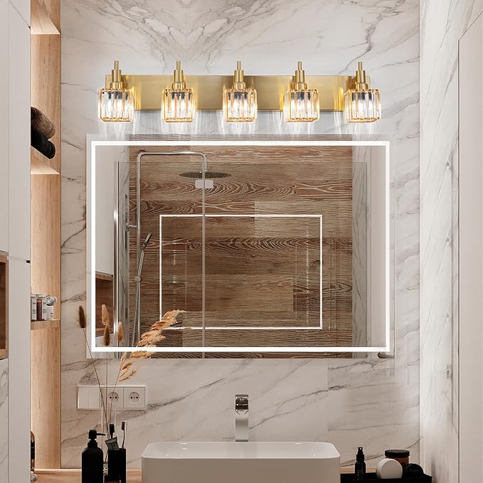 Gold Bathroom Vanity Lights, 5 Lights Crystal Bathroom Lighting Fixtures Over Mirror Modern Gold Crystal Wall Light