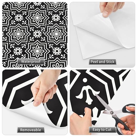 MORCART 20Pcs Peel and Stick Floor Tile, 7.87"x 7.87" Vinyl Flooring, Removable DIY Self Adhesive Flooring for Bathroom Kitchen Fireplace Stairs Bedrooms Wall Pantry Room Waterproof Black