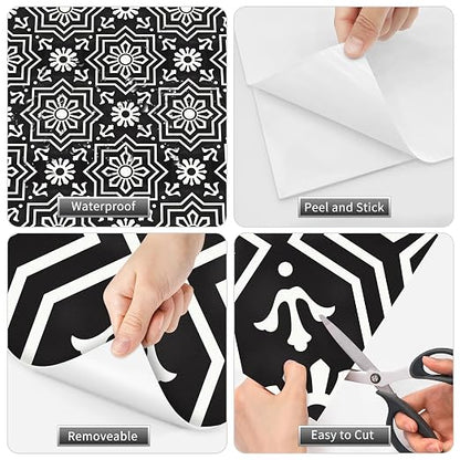 MORCART 20Pcs Peel and Stick Floor Tile, 7.87"x 7.87" Vinyl Flooring, Removable DIY Self Adhesive Flooring for Bathroom Kitchen Fireplace Stairs Bedrooms Wall Pantry Room Waterproof Black