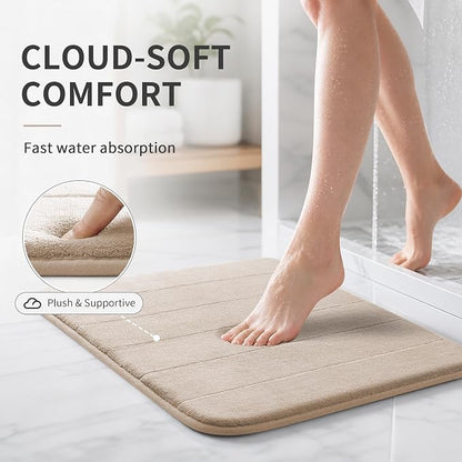 Yimobra Memory Foam Bath Mat, Soft Absorbent Bathroom Rug, 24x17, Beige | Non Slip Backing, Quick Dry, Machine Washable Bath Rug for Tub & Shower Areas, Durable Design That Complements Bathroom Decor