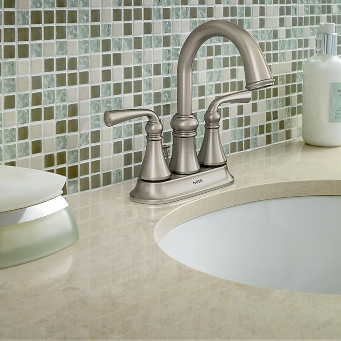 Moen Wetherly Spot Resist Brushed Nickel Two-Handle Centerset Bathroom Faucet with Drain Assembly, WS84850SRN