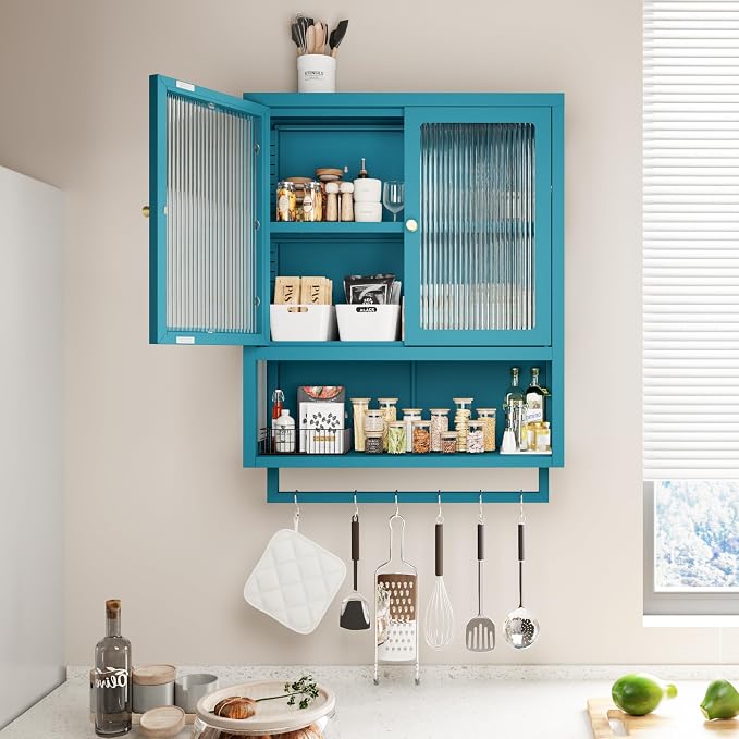 Bathroom Wall Cabinet with 2 Glass Door, Bathroom Medicine Cabinet with Towels Bar and Shelves, Over The Toilet Storage Cabinet, Metal Wall Mounted Cabinet for Kitchen (Blue)