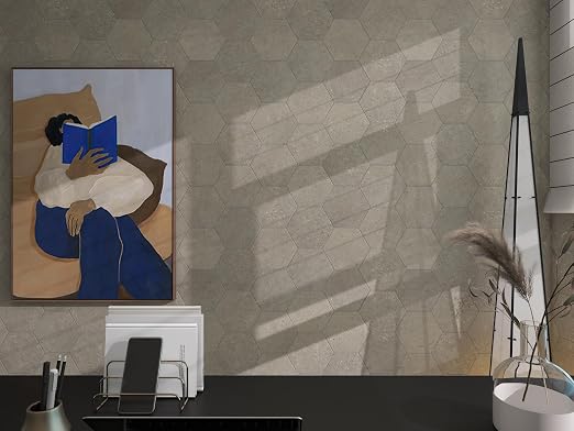 W&S 24-Sheets Brown Grey Hexagon Peel and Stick Floor Tile, Faux Stone Stick on Backsplash for Kitchen, Self Adhesive Waterproof Flooring Tiles for Dining Room, Bedrooms
