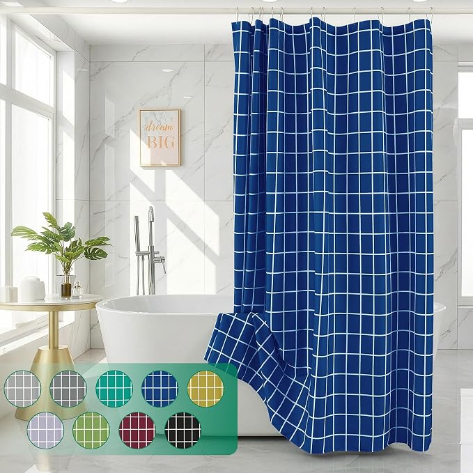 Fabric Farmhouse Shower Curtain-Extra Long Shower Curtains Bathroom Navy | 72"Wx84"L Faux Linen Grid Minimalist Simple Rustic Neutral Shower Curtain Decor-Cloth Geometric Plaid Washable Hotel Quality