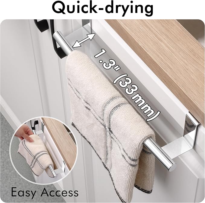 KES Over The Cabinet Door Towel Rack, 2 Pack, Polished Steel | Fit Cabinet Doors Under 1" Thick, EVA Pads, Kitchen Towel Bar Rack, Dish Towel Holder, SUS304 Stainless Steel