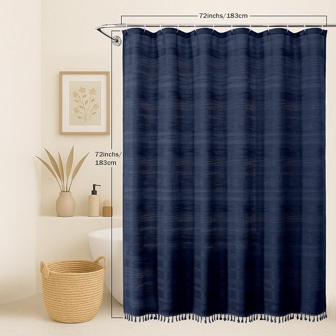 Navy Blue Shower Curtain for Bathroom, Boho Linen Textured Shower Curtain with Tassel, Rustic Striped Heavy Duty Vintage Country Bathroom Curtain, 72Wx72L Inches