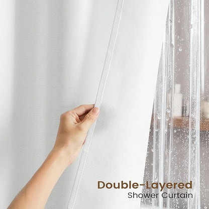 BTTN 3 in 1 Shower Curtain with Clear Liner - 72x78 Long Boho Linen Textured Fabric Shower Curtain Set with Plastic Hook, Tall Decorative Heavy Duty Waterproof Shower Curtain for Bathroom, White