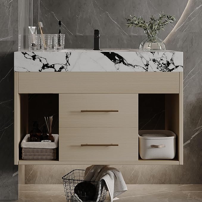 30 inch Modern Floating Bathroom Vanity with Sintered Stone Top Ceramic Undermount Sink, Wall-Mounted Bathroom Vanity Cabinet with 2 Soft Closing Drawers, Open Storage Shelf, Bronze Handles, Natural