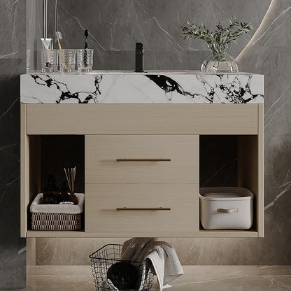 30 inch Modern Floating Bathroom Vanity with Sintered Stone Top Ceramic Undermount Sink, Wall-Mounted Bathroom Vanity Cabinet with 2 Soft Closing Drawers, Open Storage Shelf, Bronze Handles, Natural