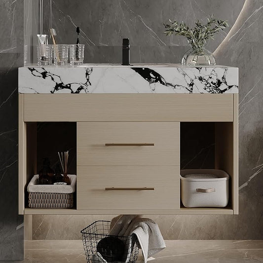 30 inch Modern Floating Bathroom Vanity with Sintered Stone Top Ceramic Undermount Sink, Wall-Mounted Bathroom Vanity Cabinet with 2 Soft Closing Drawers, Open Storage Shelf, Bronze Handles, Natural