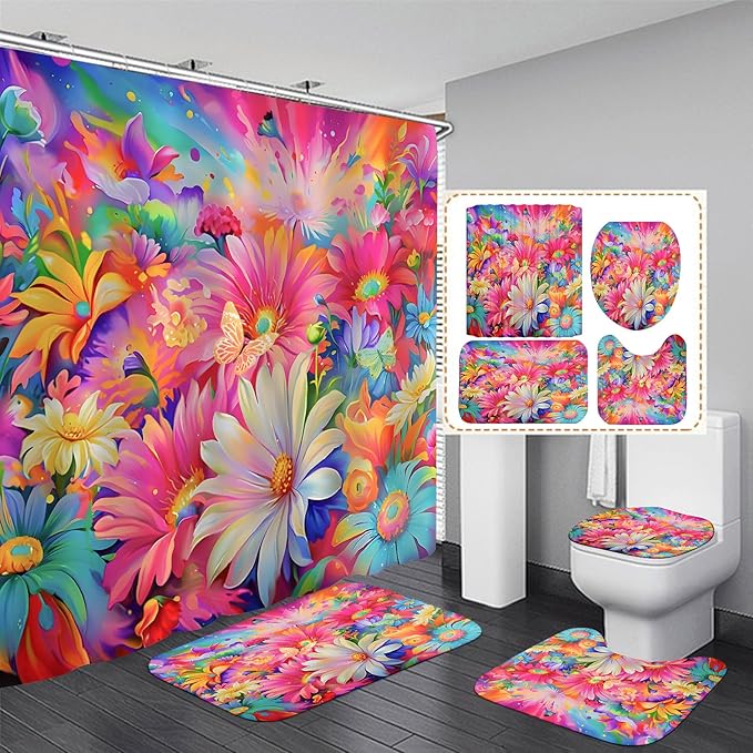 4-Piece Sunflower Shower Curtain Pink Blue Flower Bathroom Set with Shower Curtain and Rugs, Pastel Daisy Bath Set with Hooks for Home Decor