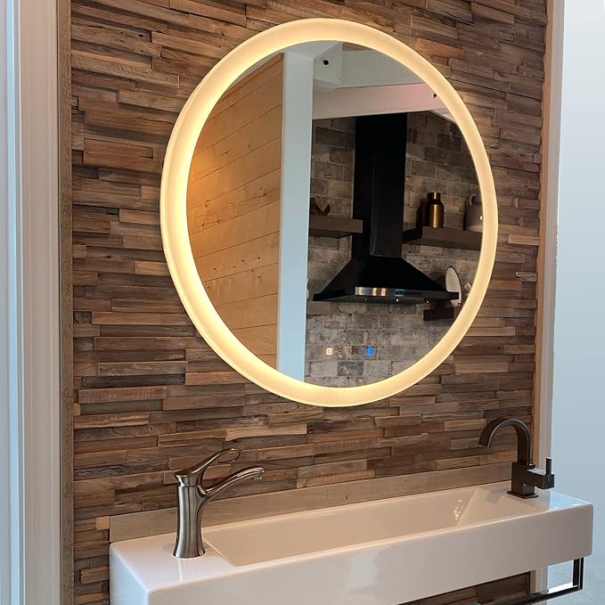 28 Inch Round LED Bathroom Mirror with 3 Color Modes, Touch Dimmer, Anti-Fog - Wall Mount Lighted Vanity Mirror for Makeup, Dressing Room - Fab Glass and Mirror